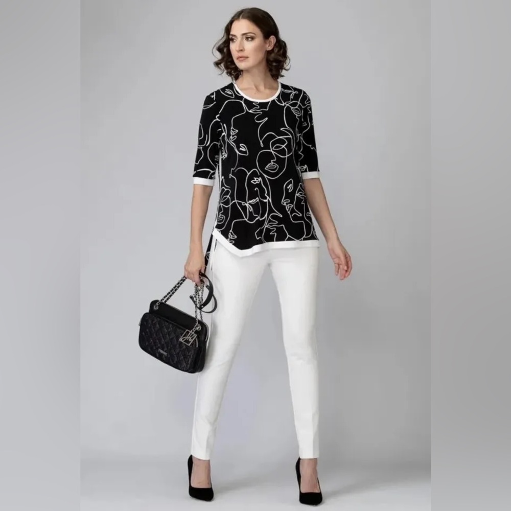 Joseph Ribkoff women’s 3/4 sleeve blk/wht faces print tunic.  Excellent shape!